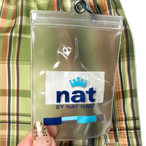 Nat Nast Green Plaid Swim Trunks Size M Tie Front Pocket Lined Elastic Retro - Picture 3 of 8